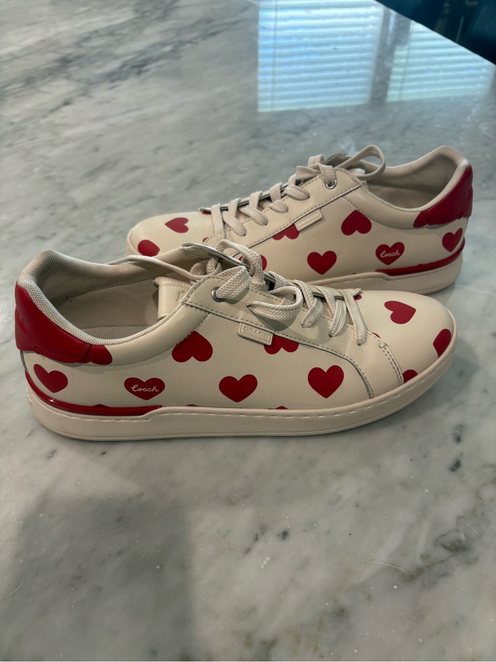 COACH Heart Print Lowline Top Leather Sneakers White Crimson Red Size 10
